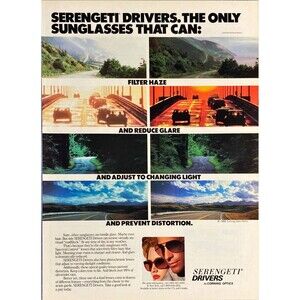 Corning Optics "Serengeti Drivers Sunglasses" Vintage Print Ad 1989